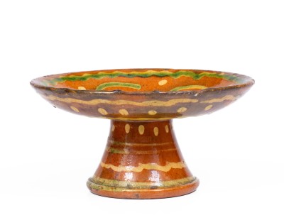 Exceedingly Rare Pennsylvania Redware Serving Dish w/ Two-Color Slip Decoration, 19th century