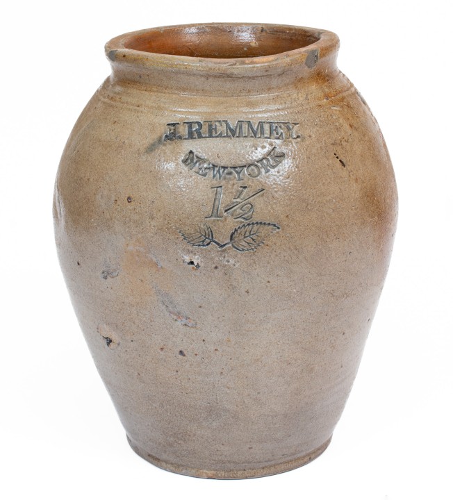 Extremely Rare J. REMMEY / NEW-YORK Stoneware Jar w/ Incised and Impressed Foliate Decorations