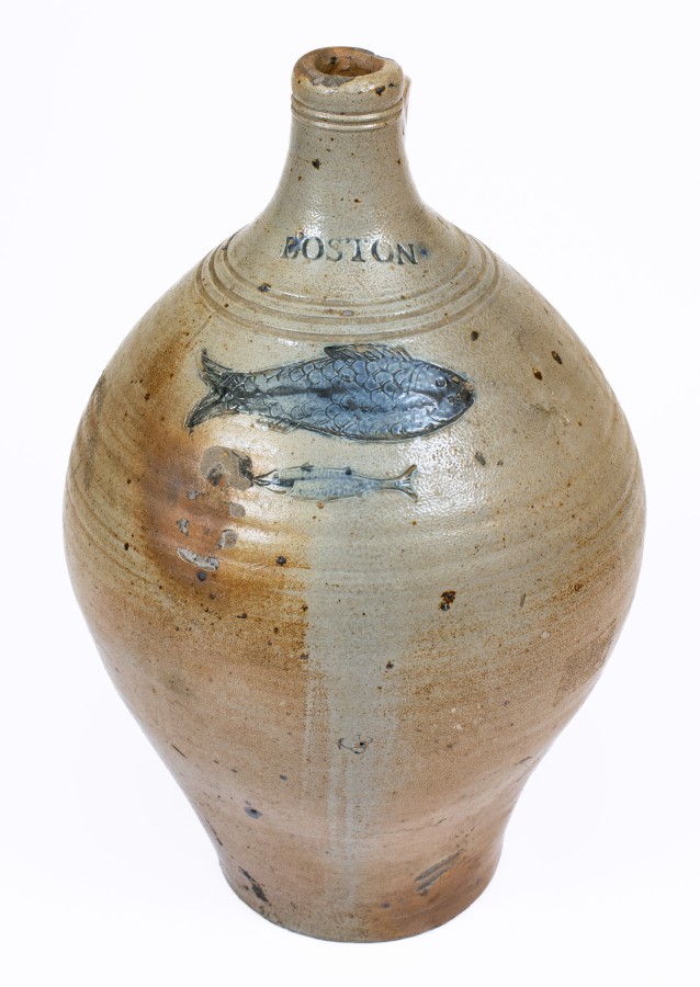 Exceptional Large-Sized BOSTON Stoneware Jug w/ Impressed Double-Fish Decoration, late 18th century