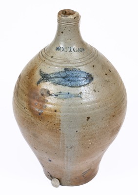 Exceptional Large-Sized BOSTON Stoneware Jug w/ Impressed Double-Fish Decoration, late 18th century