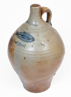 Exceptional Large-Sized BOSTON Stoneware Jug w/ Impressed Double-Fish Decoration, late 18th century