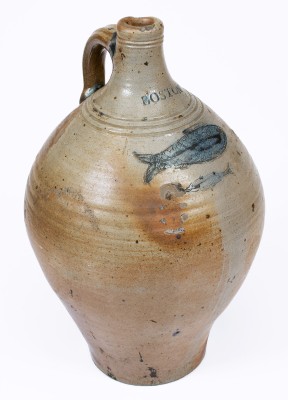 Exceptional Large-Sized BOSTON Stoneware Jug w/ Impressed Double-Fish Decoration, late 18th century