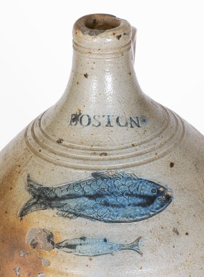 Exceptional Large-Sized BOSTON Stoneware Jug w/ Impressed Double-Fish Decoration, late 18th century