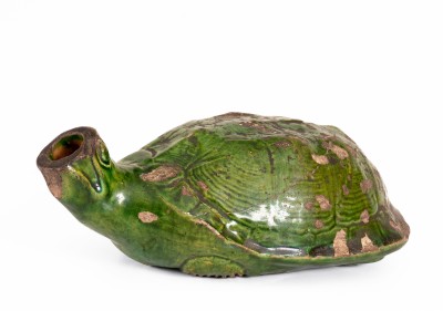 Extremely Rare Moravian Redware Turtle Bottle w/ Copper Glaze, Salem, NC, c1800-50