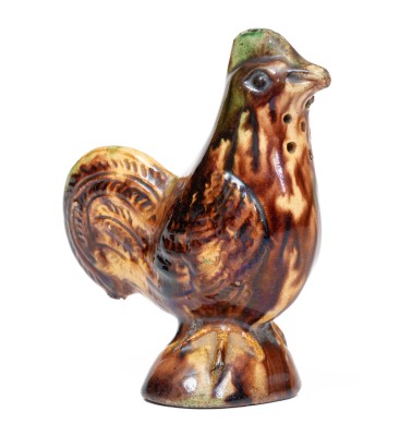 Rare and Fine Moravian Redware Chicken Caster w/ Whieldon-Type Glaze, Salem, North Carolina