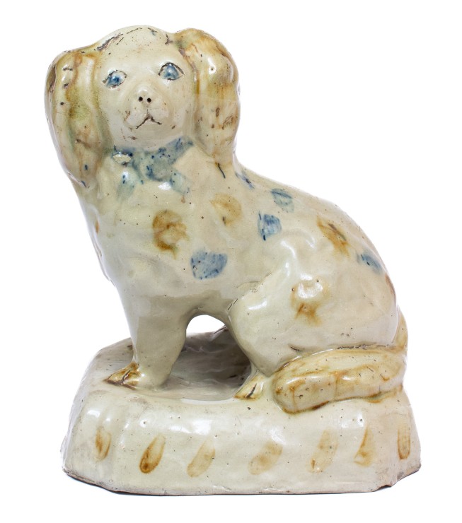 Rare Stoneware Spaniel Doorstop w/ Two-Color Slip Decoration, attrib. Donaghho Pottery, Parkersburg, WV