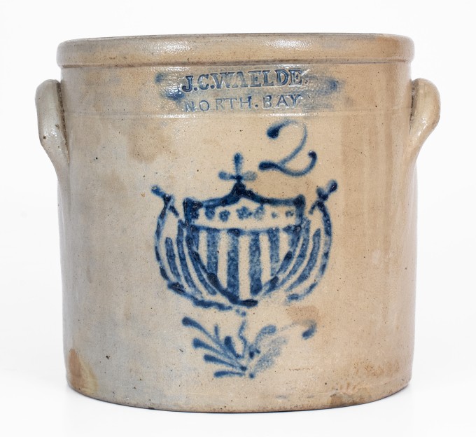 Rare J. C. WAELDE / NORTH BAY Stoneware Crock w/ Patriotic Shield Decoration