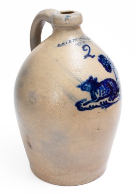 Extremely Rare F. STETZENMEYER / ROCHESTER, N.Y. Stoneware Jug w/ Cat Decoration