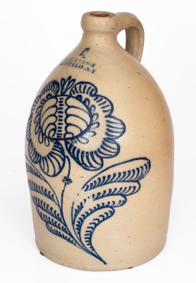 Outstanding C. W. BRAUN / BUFFALO, NY Stoneware Jug w/ Oversized Slip-Trailed Floral Decoration