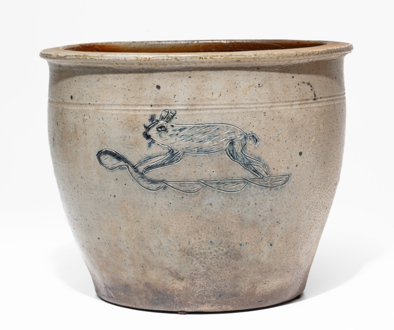 Extremely Rare Ohio Stoneware Cream Jar with Incised Fish and Rabbit Decorations, circa 1840