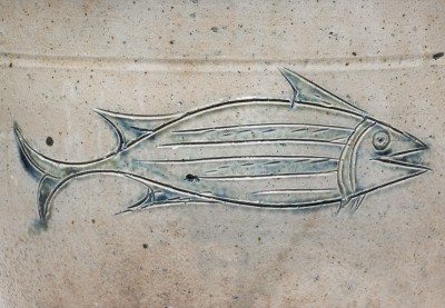 Extremely Rare Ohio Stoneware Cream Jar with Incised Fish and Rabbit Decorations, circa 1840