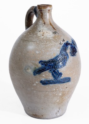 Exceptional Stoneware Jug w/ Incised Bird and Ship Decorations, att. Jonathan Fenton, Boston, late 18th century