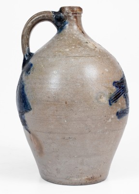 Exceptional Stoneware Jug w/ Incised Bird and Ship Decorations, att. Jonathan Fenton, Boston, late 18th century