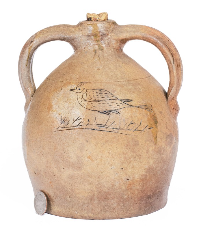 Rare Small-Sized Double-Handled Stoneware Jug w/ Incised Bird, probably Julius Norton, Bennington, VT