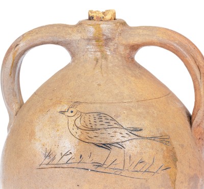 Rare Small-Sized Double-Handled Stoneware Jug w/ Incised Bird, probably Julius Norton, Bennington, VT