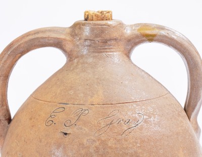 Rare Small-Sized Double-Handled Stoneware Jug w/ Incised Bird, probably Julius Norton, Bennington, VT