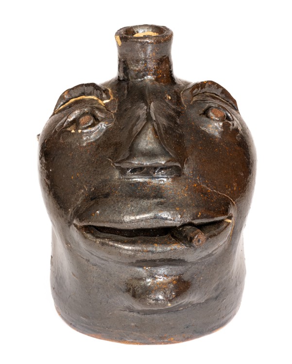 Exceptional Stoneware Cigar-Smoking Face Jug, probably Brown Family, Atlanta