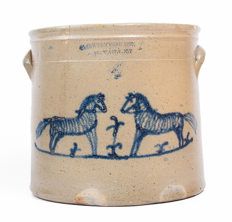 Exceedingly Rare A.O. WHITTEMORE. / HAVANA, N.Y. Stoneware Crock w/ Cobalt Horses Decoration