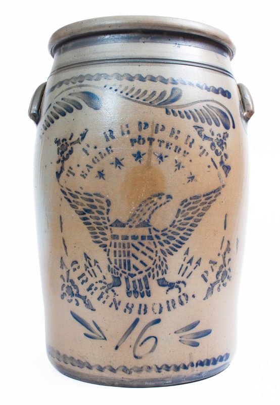 Fine Sixteen-Gallon T.F. REPPERT / EAGLE POTTERY / GREENSBORO, PA. Crock w/ Eagle Motif