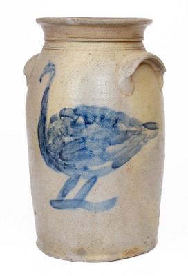 Outstanding Ohio Stoneware Churn w/ Folky Cobalt Turkey Decoration, circa 1870