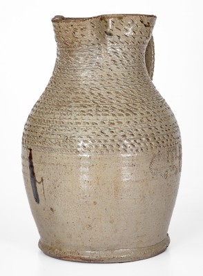 Exceptional Salt-and-Alkaline-Glazed Stoneware Pitcher w/ Profuse Punchwork, Inscribed 