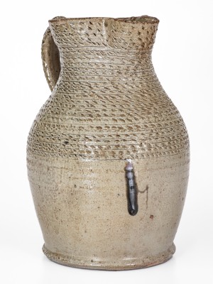 Exceptional Salt-and-Alkaline-Glazed Stoneware Pitcher w/ Profuse Punchwork, Inscribed 