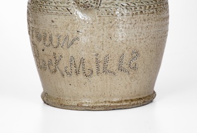 Exceptional Salt-and-Alkaline-Glazed Stoneware Pitcher w/ Profuse Punchwork, Inscribed 