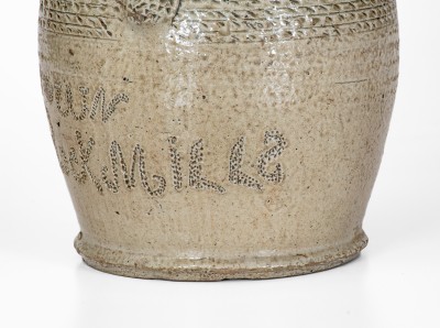 Exceptional Salt-and-Alkaline-Glazed Stoneware Pitcher w/ Profuse Punchwork, Inscribed 