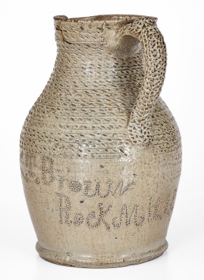 Exceptional Salt-and-Alkaline-Glazed Stoneware Pitcher w/ Profuse Punchwork, Inscribed 