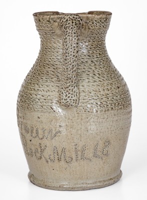 Exceptional Salt-and-Alkaline-Glazed Stoneware Pitcher w/ Profuse Punchwork, Inscribed 