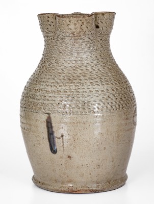 Exceptional Salt-and-Alkaline-Glazed Stoneware Pitcher w/ Profuse Punchwork, Inscribed 