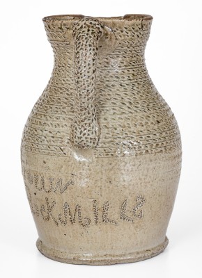 Exceptional Salt-and-Alkaline-Glazed Stoneware Pitcher w/ Profuse Punchwork, Inscribed 