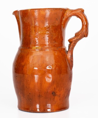 Rare SOLOMON BELL / STRASBURG / Va Redware Pitcher, circa 1875