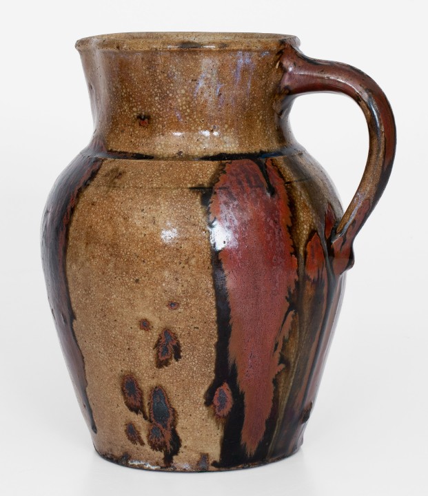 Exceptional Alkaline-Glazed Stoneware Pitcher w/ Iron Slip Decoration, attrib. John Davis Leopard, Rusk County, Texas