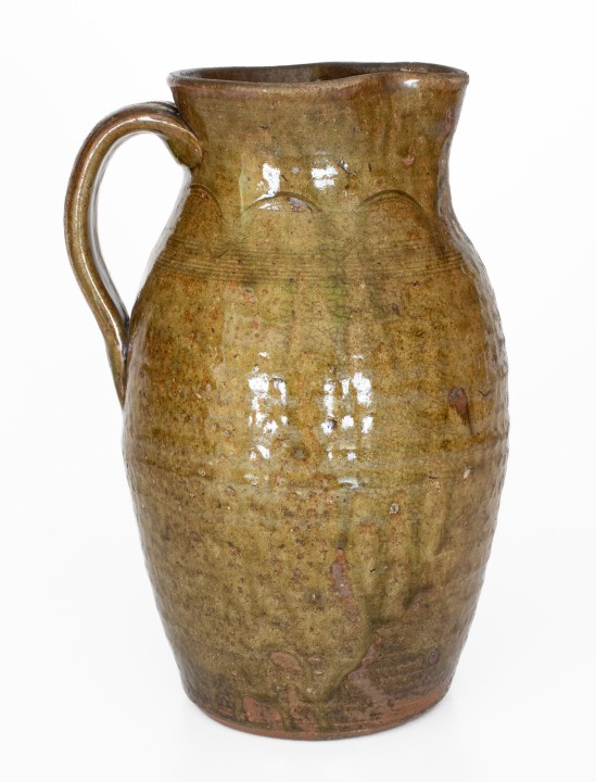 Rare Alkaline-Glazed Stoneware Pitcher attrib. Thomas Owenby, Union District, SC, circa 1860