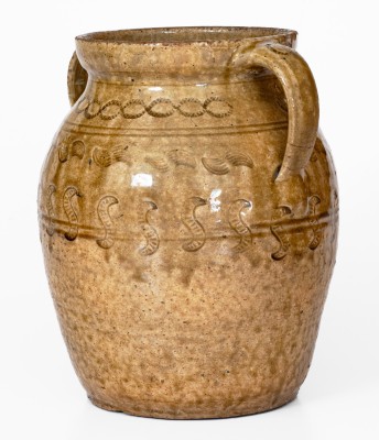 Exceptional Open-Handled Alabama Alkaline-Glazed Stoneware Jar w/ Impressed Decoration