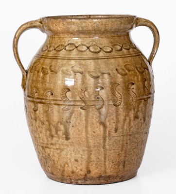 Exceptional Open-Handled Alabama Alkaline-Glazed Stoneware Jar w/ Impressed Decoration