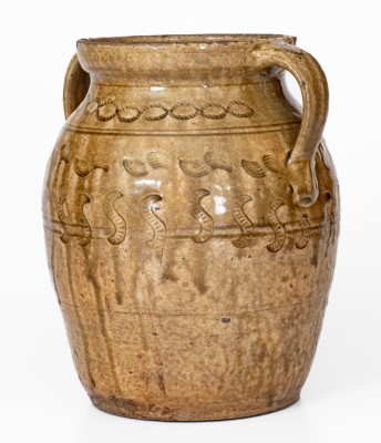 Exceptional Open-Handled Alabama Alkaline-Glazed Stoneware Jar w/ Impressed Decoration