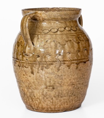 Exceptional Open-Handled Alabama Alkaline-Glazed Stoneware Jar w/ Impressed Decoration