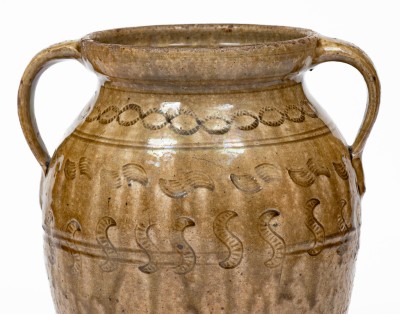 Exceptional Open-Handled Alabama Alkaline-Glazed Stoneware Jar w/ Impressed Decoration