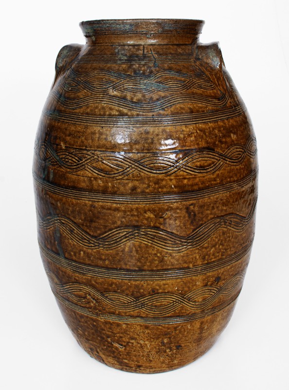 Exceptional Four-Gallon Stoneware Jar w/ Profuse Incised Decoration, att.. Jacob Eichelberger, Talladega  Co, Alabama