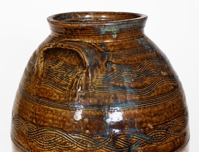 Exceptional Four-Gallon Stoneware Jar w/ Profuse Incised Decoration, att.. Jacob Eichelberger, Talladega  Co, Alabama