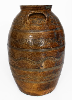 Exceptional Four-Gallon Stoneware Jar w/ Profuse Incised Decoration, att.. Jacob Eichelberger, Talladega  Co, Alabama