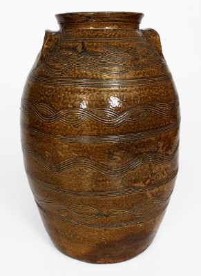 Exceptional Four-Gallon Stoneware Jar w/ Profuse Incised Decoration, att.. Jacob Eichelberger, Talladega  Co, Alabama