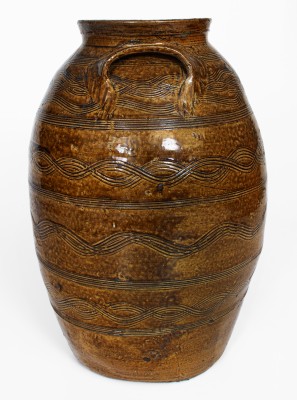 Exceptional Four-Gallon Stoneware Jar w/ Profuse Incised Decoration, att.. Jacob Eichelberger, Talladega  Co, Alabama