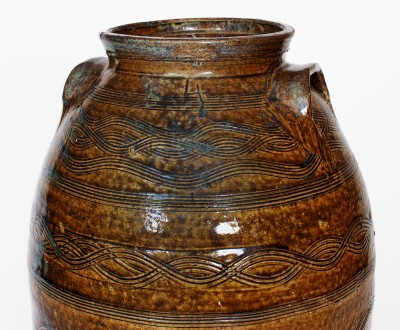 Exceptional Four-Gallon Stoneware Jar w/ Profuse Incised Decoration, att.. Jacob Eichelberger, Talladega  Co, Alabama