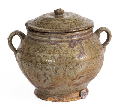 Outstanding Lidded Alabama Alkaline-Glazed Stoneware Jar w/ Impressed Leaf Decoration