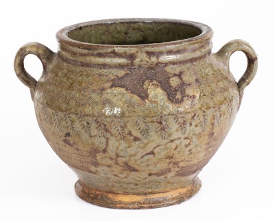 Outstanding Lidded Alabama Alkaline-Glazed Stoneware Jar w/ Impressed Leaf Decoration