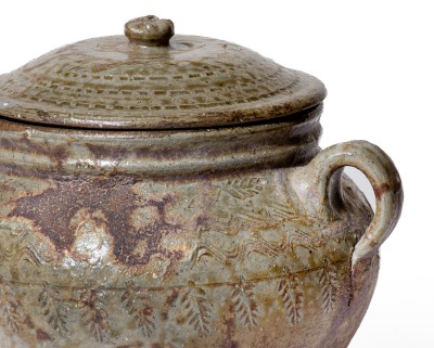 Outstanding Lidded Alabama Alkaline-Glazed Stoneware Jar w/ Impressed Leaf Decoration