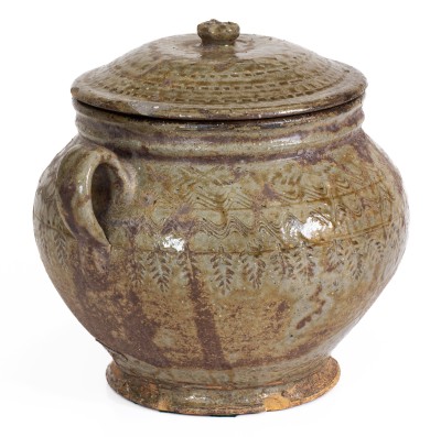 Outstanding Lidded Alabama Alkaline-Glazed Stoneware Jar w/ Impressed Leaf Decoration